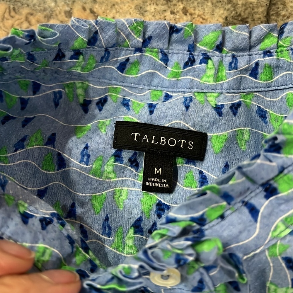 Talbots Blue and Green Casual Button Down Shirt with Geometric Pattern - Picture 5 of 5
